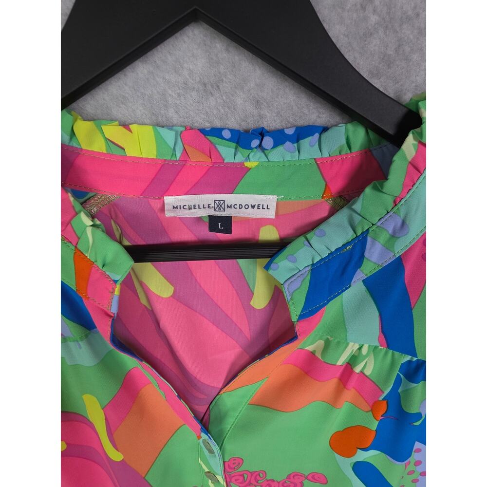 Michelle McDowell Colorful Floral Popover Puff Sleeve Top Sz L Green Office Bold - Picture 2 of 16